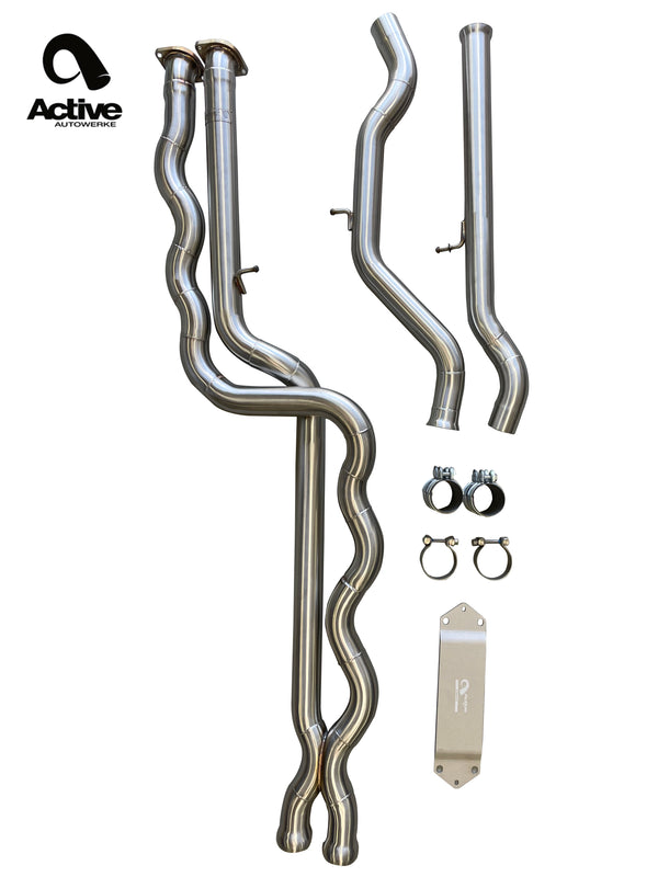 F8X BMW M3 & M4 Equal Length Mid Pipe (US Patent 11248511, UK and EU patent 3882441) includes Active F-brace and $90 fixed price shipping in lower 48 states