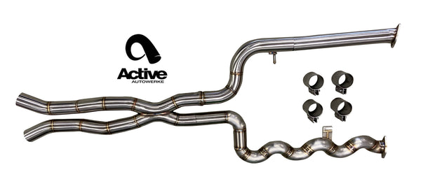 Active Autowerke G80/G82 M3/M4 Signature Equal Length mid-pipe (US Patent 11248511, UK and EU patent 3882441) with G-brace and $90 fixed price shipping in lower 48 states